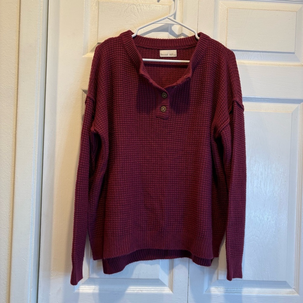 Becool Maroon Waffle Knit Long Sleeve Sweater - Size M/L